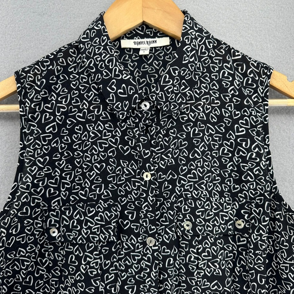 Y2K Daniel Rainn Button Down‎ Blouse Heart AOP Monochrome Women S Preppy Paris
